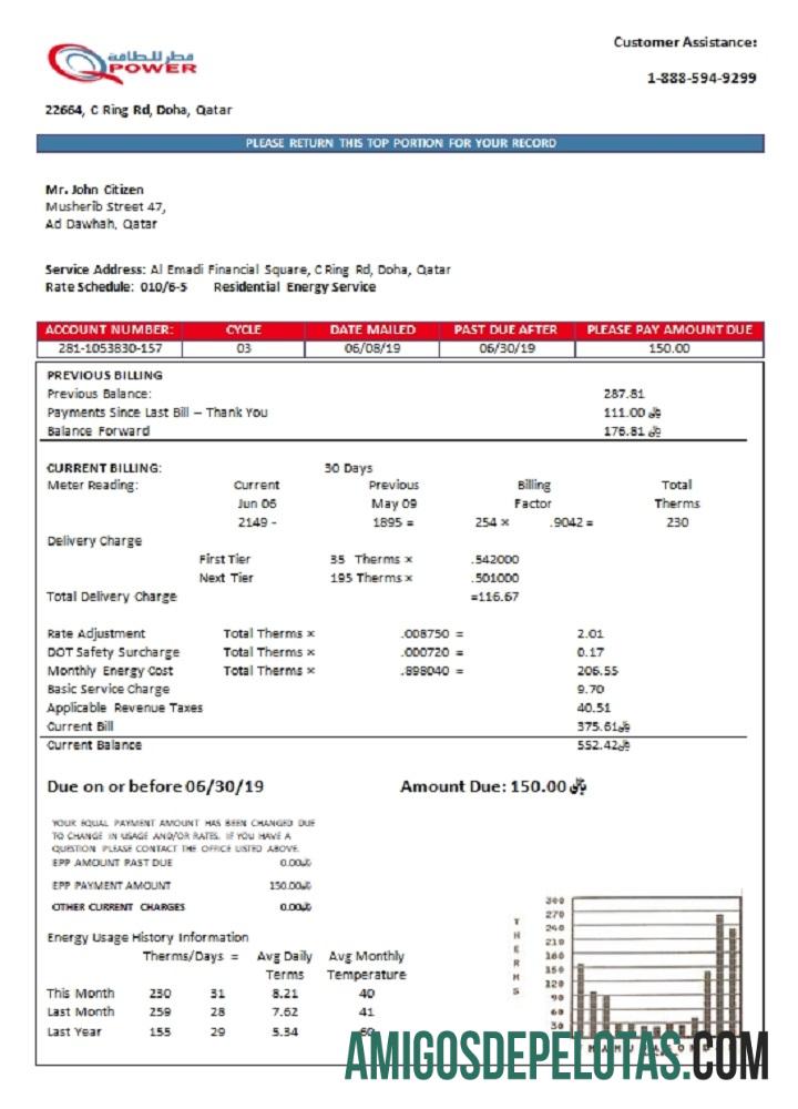 Em branco modelo de conta de serviços públicos de eletricidade da Qatar Power Company em formato Word e PDF
